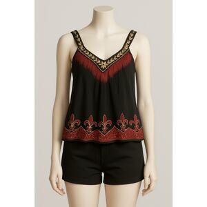 Shoreline Boho Tank Top Black Red Fleur De Lis Embroidered Free Size